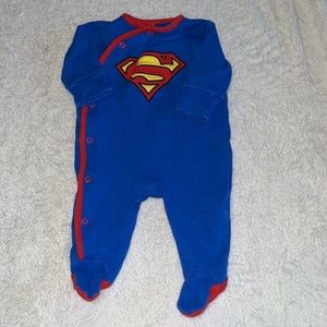 super man 0-3 month blue footie/ sleeper